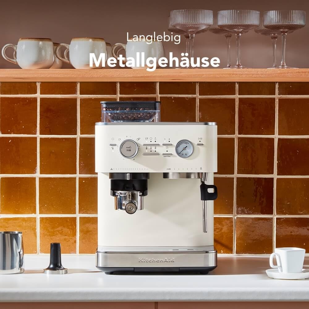 KitchenAid Kaffeemaschine mit Mahlwerk Halbautomatische Espressomaschine Milchschäumer Milchkännchen Bohnenbehälter Weiss