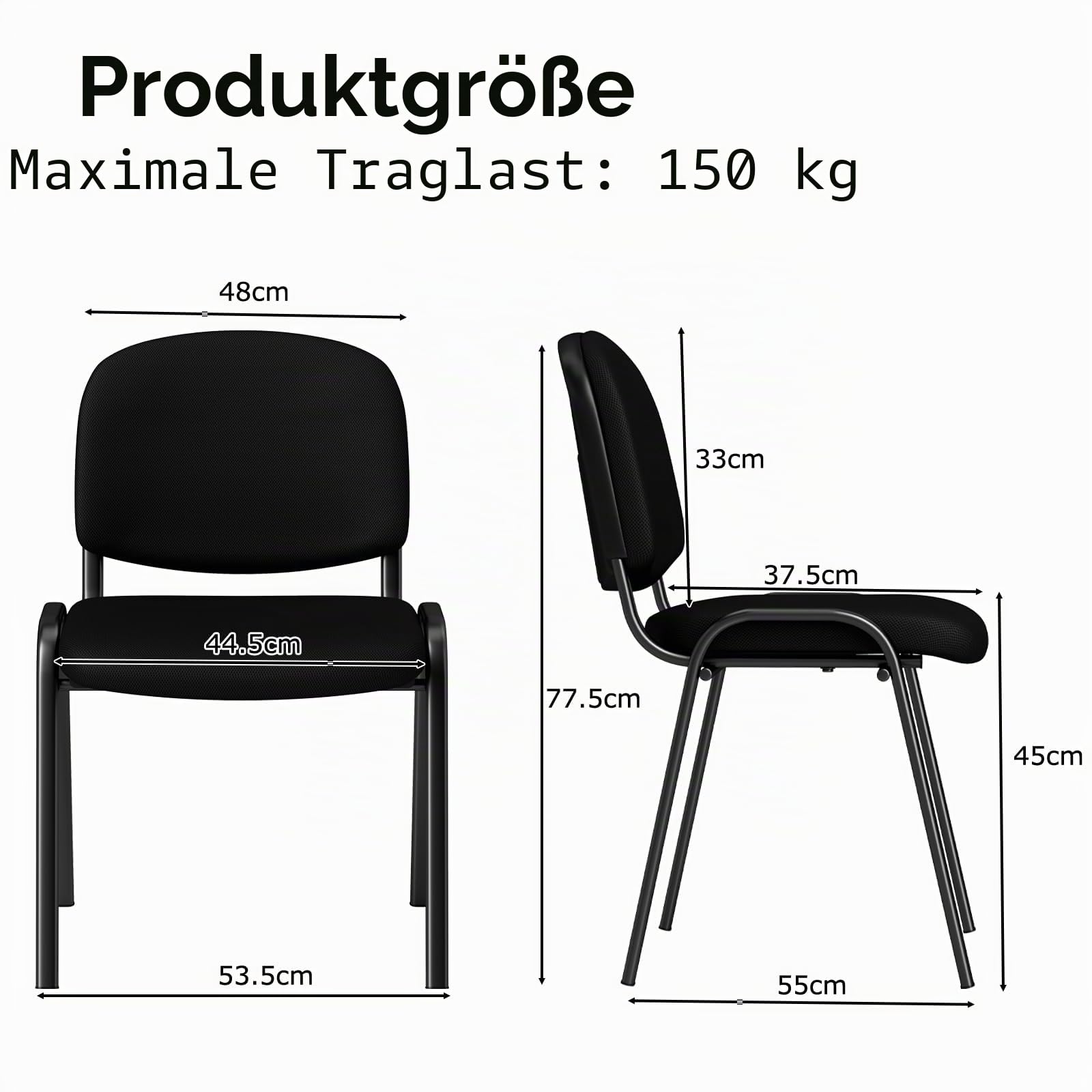 HOMASIS 5er Set Bürostuhl, stapelbarer Konferenzstuhl mit Rückenlehne, belastbar 150 kg, gepolsterter Besucherstuhl für Büro Wartezimmer Konferenzraum, Empfangsstuhl Schwarz (Modell 2)