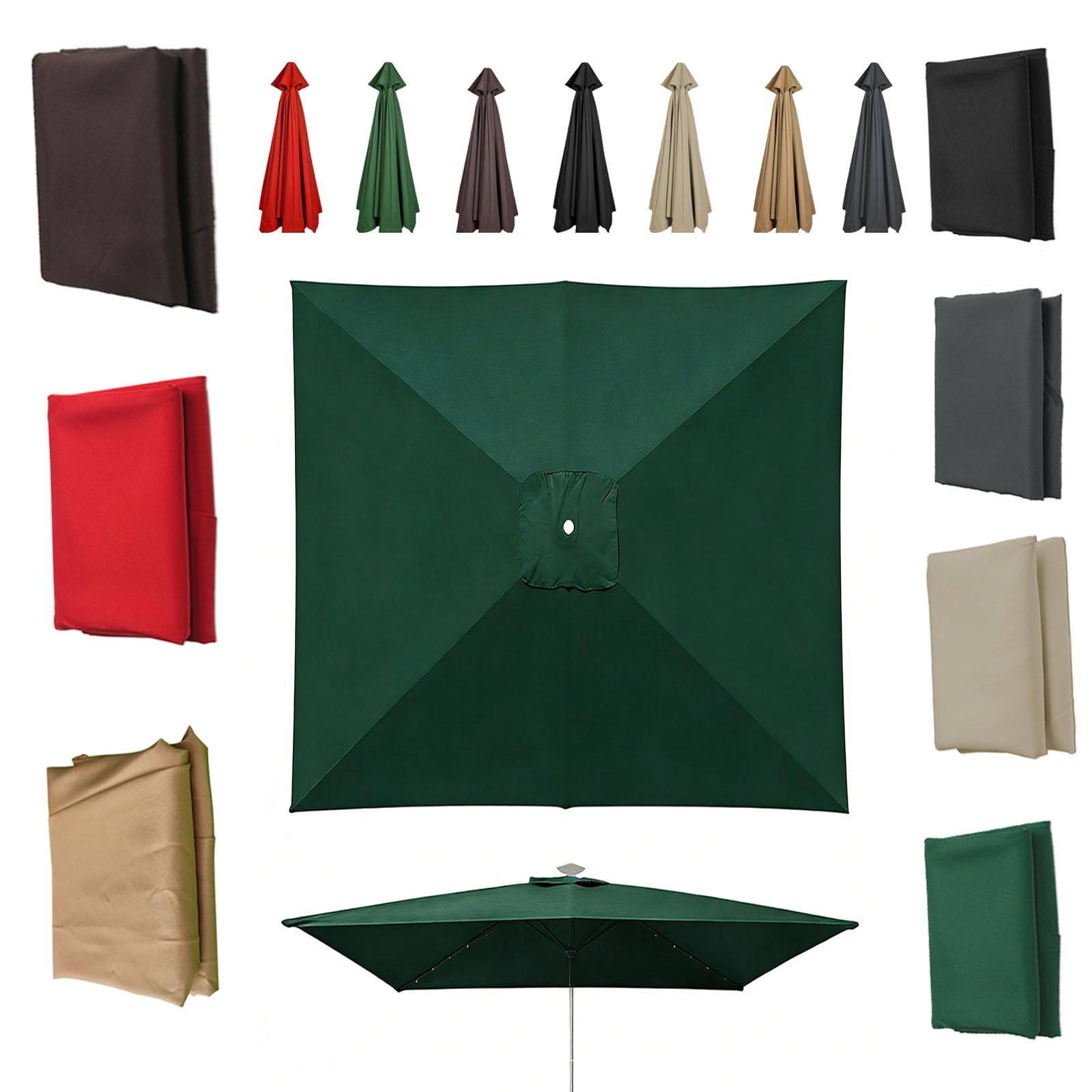 4/6/8 Arms Large Square Replacement Parasol Canopy, 200x300cm/200x200cm 30% UV surface polyester(Green,8ribs-2.7x2.7m)