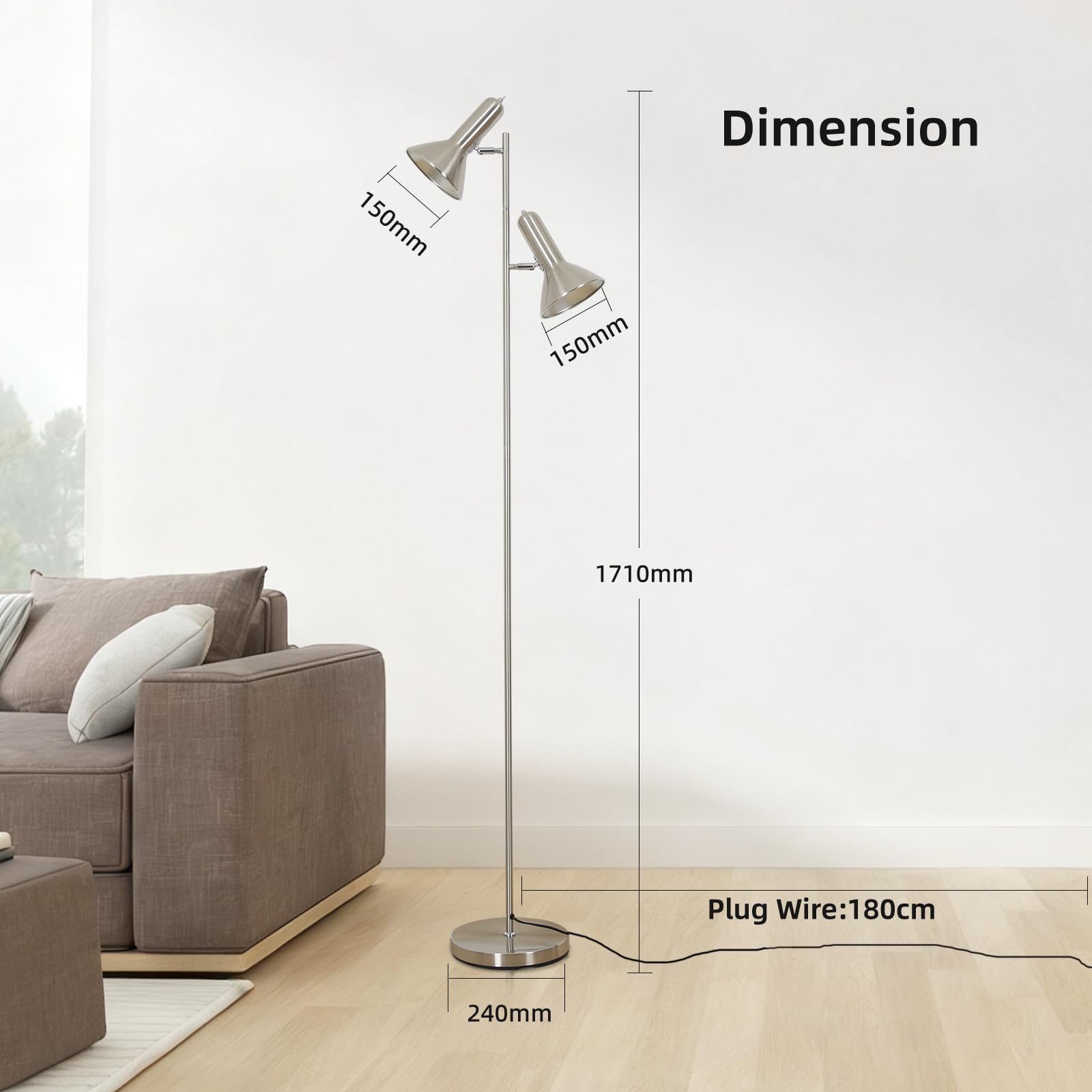 Lampa de Pie de Salotto DIYA-Nichel, 2x E27 MAX. 60W Floor lamp, Lampada da Terra Vintage altezza 272CM, Lampada da Terra Retrò in Metallo per Camera da Letto, Studio, Ufficio, Pianta