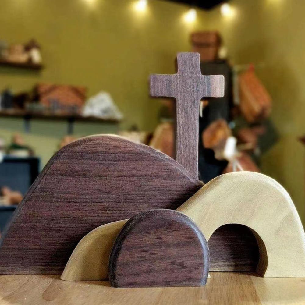 JOYWU Brown Wooden Easter Decor, 4 Pcs Easter Resurrection Scene Set, Empty Tomb & Cross Figurines