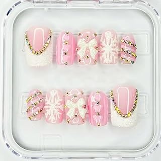 30Pcs White French Tip Press on Nails Medium Square Christmas Fake Nails with Gem Rhinestone Design 3D Winter Bow Snowflake False Nails Pink Glitter Acrylic Nail Full Cover Xmas Glue on Nail for Women