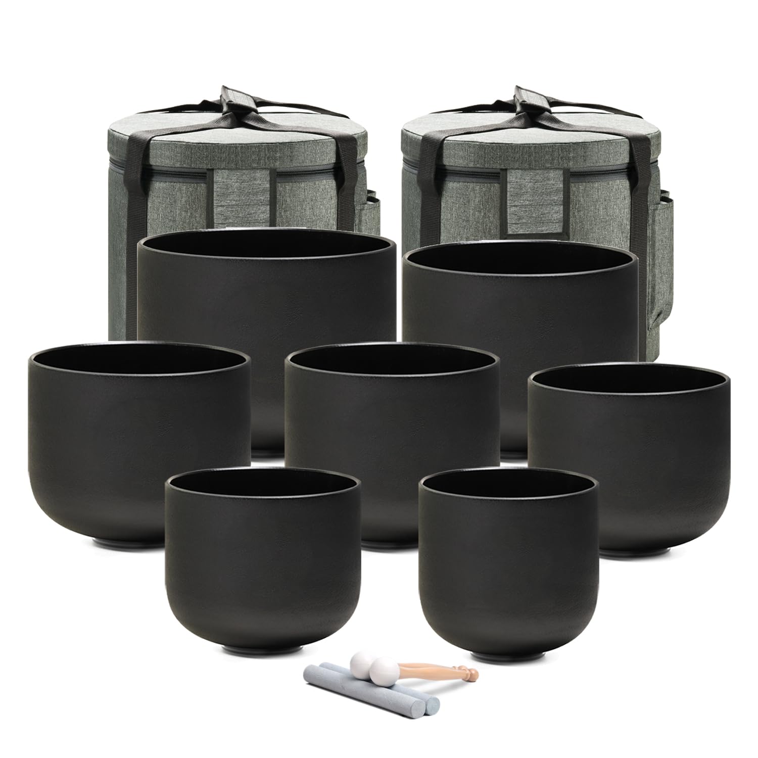 432HZ 6-12 Inch Set of 7 Chakra Black Frosted Quartz Crystal Singing Bowls with 2 Pcs Carry Cases and Suede Mallet