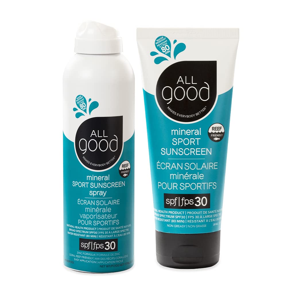 All Good Sport Face & Body Sunscreen – UVA/UVB Broad Spectrum, Water Resistant, Coral Reef Friendly – 30 SPF Sunscreen Spray & Lotion
