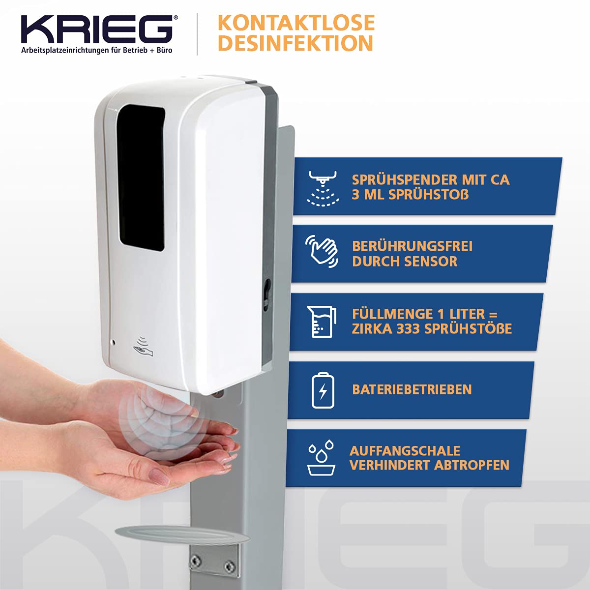 KRIEG Desinfektionsmittelständer mit Sensor + Auffangschale I Silber I Kontaktlos Hygienestation 1000 ml - 333 Sprühstöße I Desinfektionsstation freistehend, höhenverstellbar, touchless I Ready to go