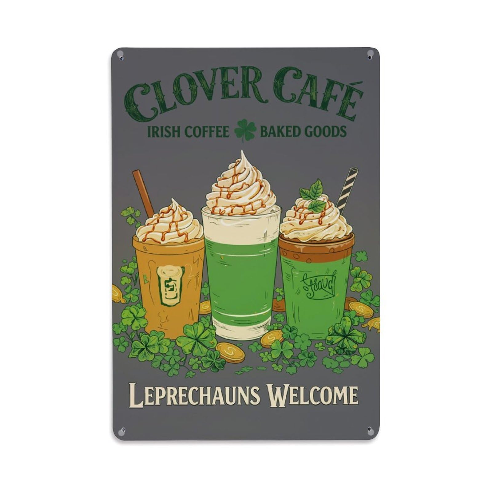 Jdfenggu Vintage Clover Cafe Irish Coffee Drinks Retro Metal Tin Sign, Metal Poster For Bar, Home, Man Cave, Kitchen, Laundry Room Art Decor 8X12 Inch