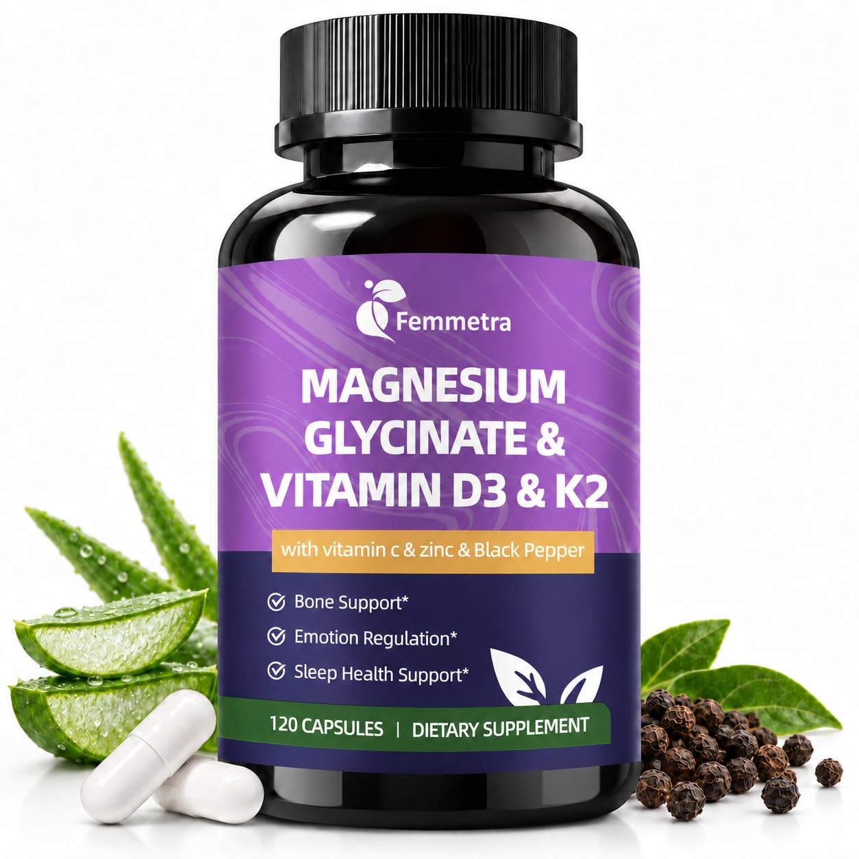 Magnesium Glycinate 600mg Vitamin D3 K2 for Sleep & Muscle, 120 Capsules