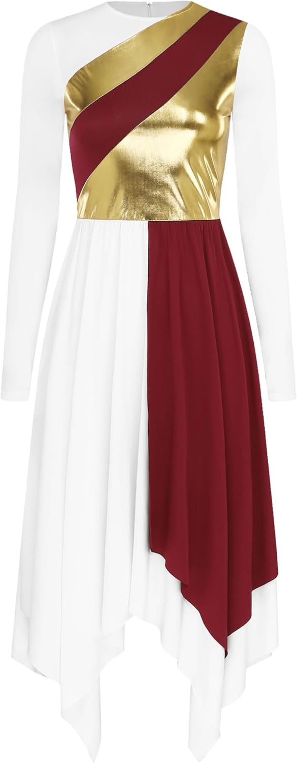 Women Color Block Liturgical Praise Dance Dress Church Worship Costume Lyrical Irregular Hem Dancewear