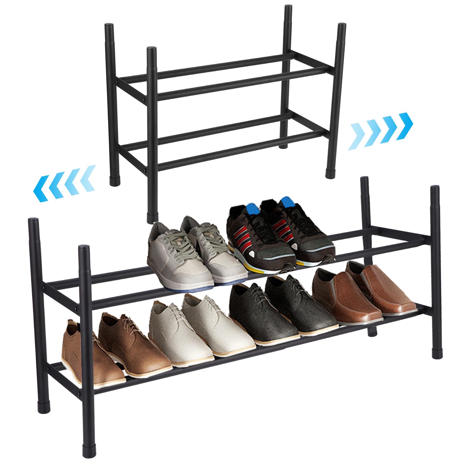 Zaxiva Zapatero de 2 Niveles, Organizador Zapatos Extensible 44-82cm, Zapatero Apilable de Acero Inoxidable, Estantería Zapatos Estable en Negro, Ideal para Entrada o Recibidor Pequeño