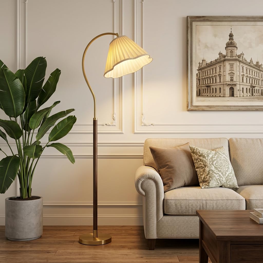 Decart Floor Lamp 3-Color CCT (Warm + Natural + Cold White) Arc Standing Lamp Gold Metal Body Pleated Fabric Shade for Living Room Bedroom-image-38