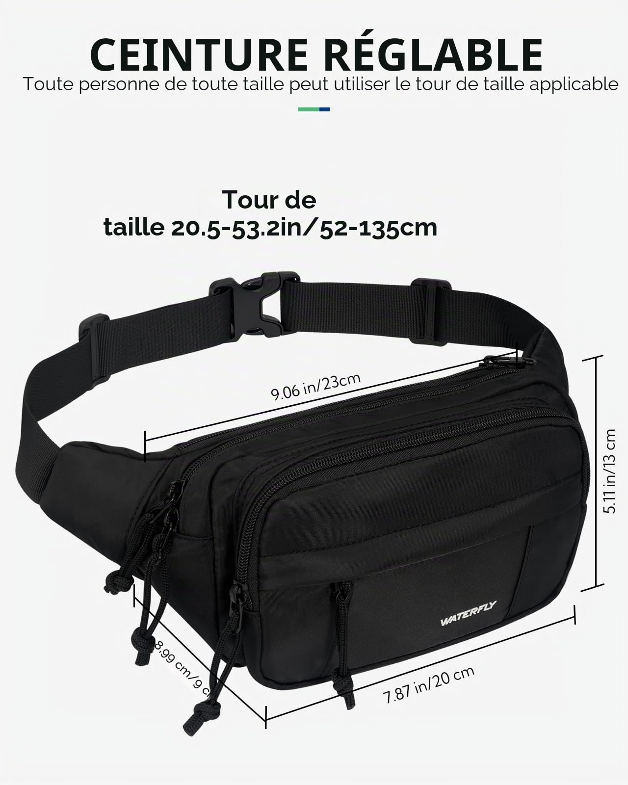 Waterfly Sac Banane Homme Femme: Grand Bumbag avec 5 Poches Zippées Hipbag Unisexe Sacoche Banane de Sport pour Randonnée Cyclisme Balade Ville Vacances Entraînement Chien