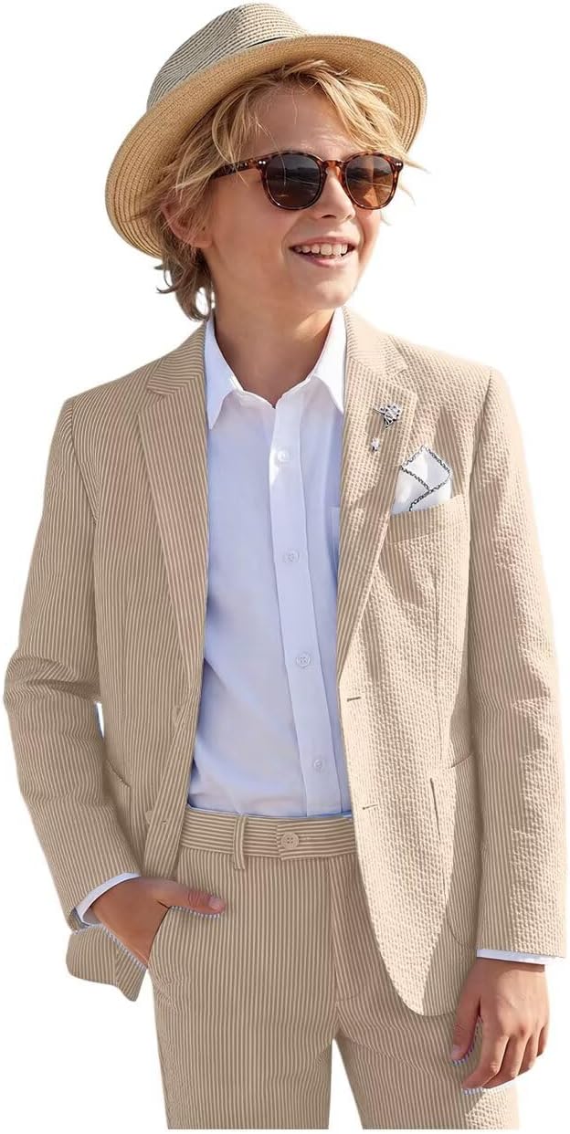 Seersucker Boys Suit 2 Piece Slim Fit Boy Suits for Kids Tuxedo Striped Jacket Blazer Pants Set for Beach Wedding Prom Outfit