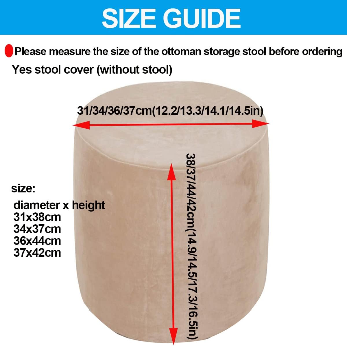 Velvet Round Ottoman Stool Cover Stretch Pouffe Cover Round Small Storage Footstool Protector Cover Diameter 31/34/36/37cm Chair Slipcover Washable,Taupe,36x44cm