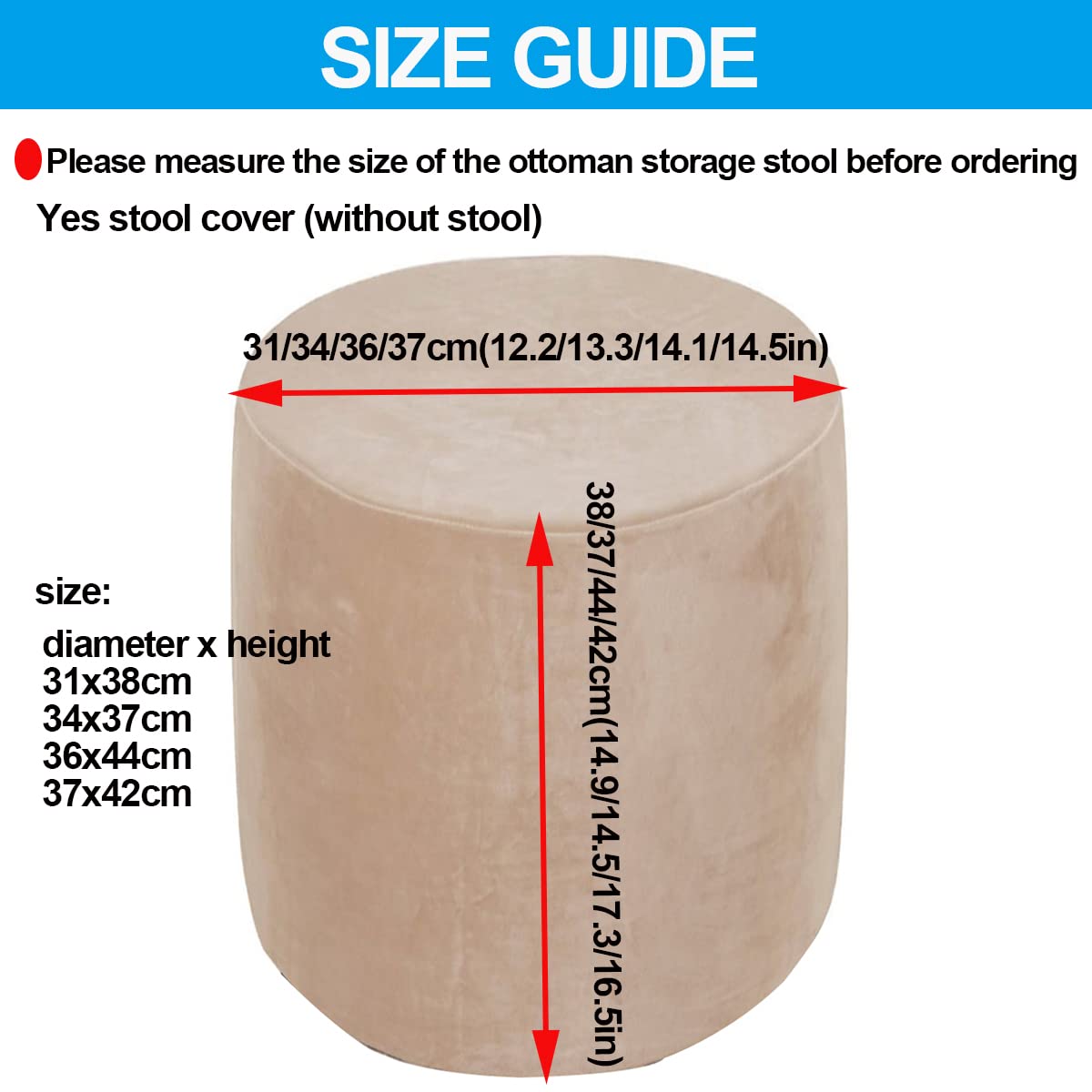 XGANGM Velvet Round Ottoman Stool Cover Stretch Pouffe Cover Round Small Storage Footstool Protector Cover Diameter 31/34/36/37cm Chair Slipcover Washable,Light Grey,37x42cm