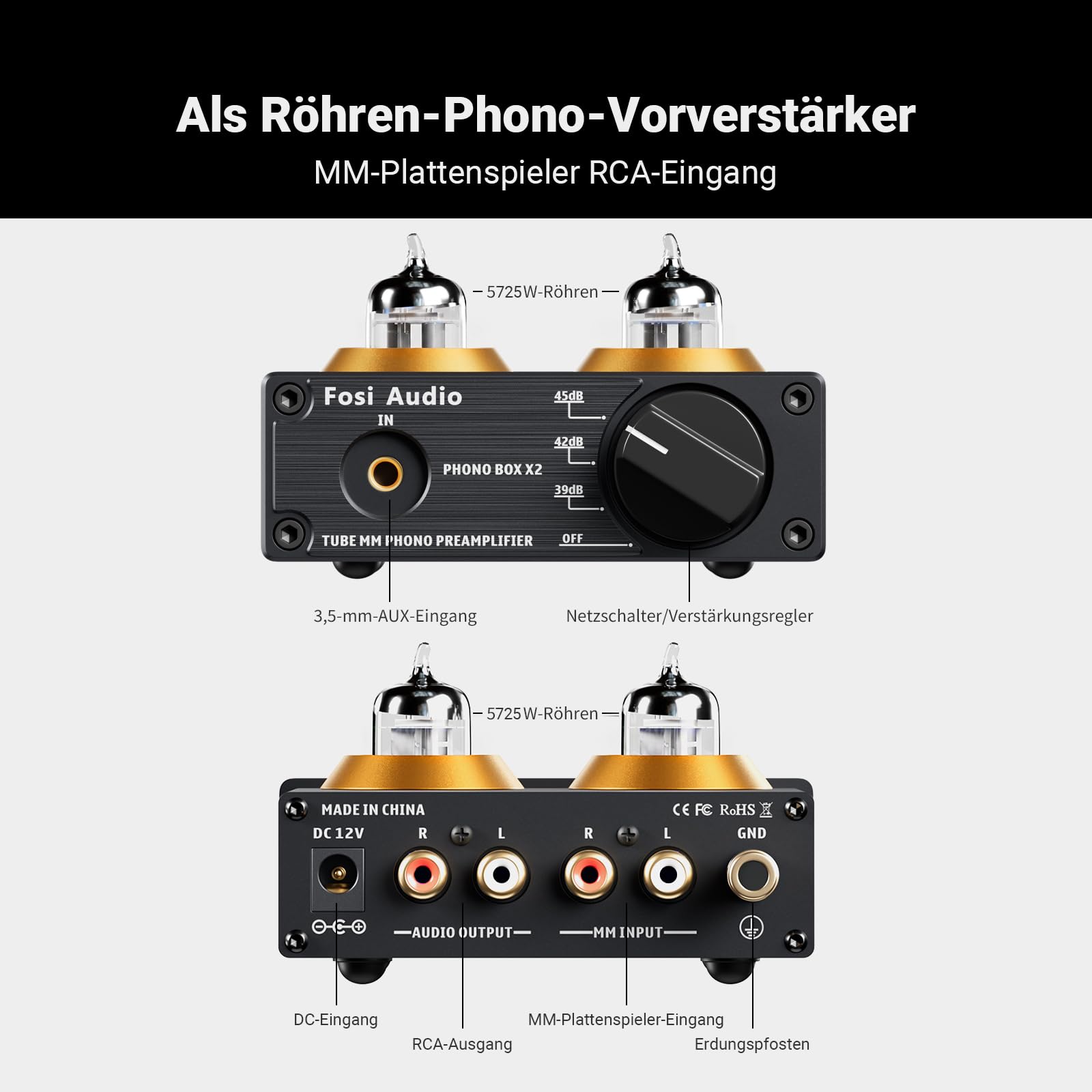 Fosi Audio Box X2 Phono Vorverstärker für MM Plattenspieler, Stereo Röhrenvorverstärker HiFi Mini Vakuum Vorverstärker mit Gain-Regelung, inkl. 12V DC Netzteil