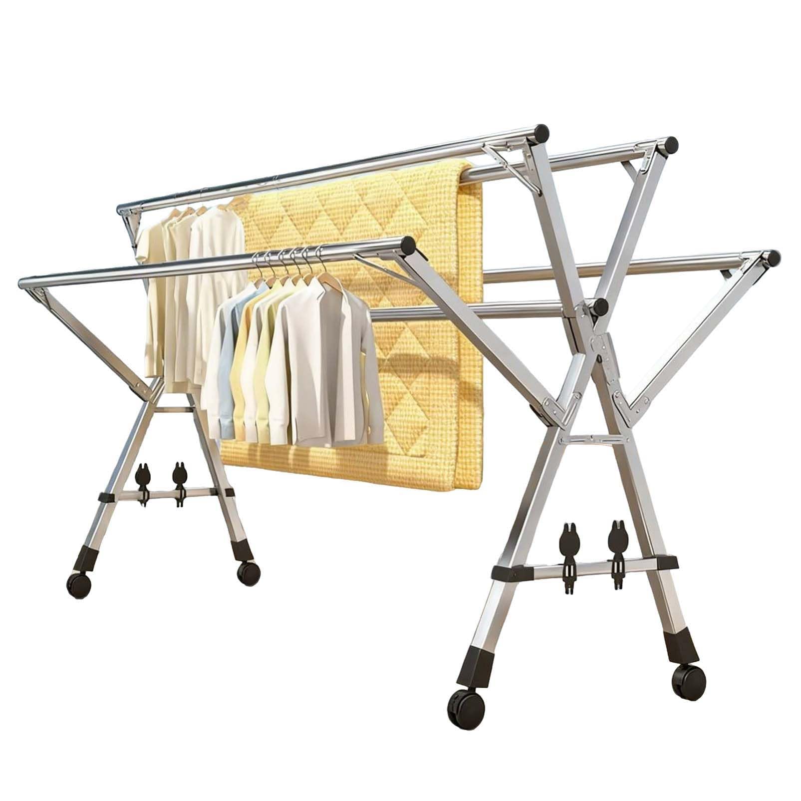 YSUEFIJO Foldable Clothes Drying Rack with Wheels, Adjustable Garment Rack For Laundry, Stainless Steel Expandable Hanger Rack, Space Saving Laundry Drying Rack, Ideal For Clothes
