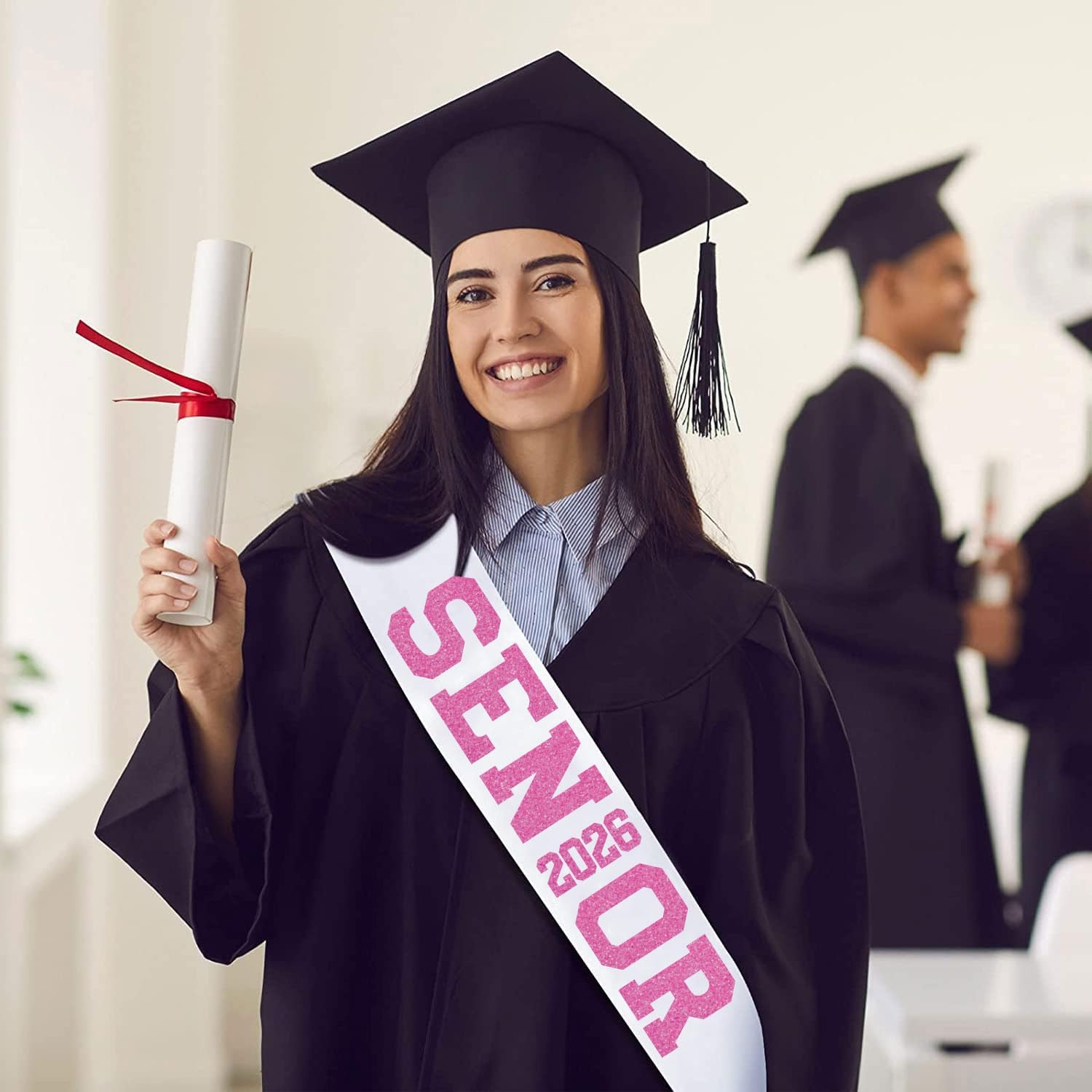 10Pcs White Senior 2026 Satin Sashes with Pink Glitter Letters- 2026 Graduation Celebrations Sashes - Senior Cheer Sash - Cheerleader Sash - Class Competition Sashes