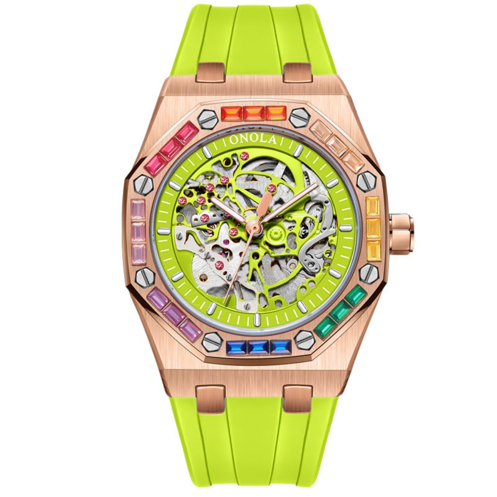 Reloj de pulsera para hombre, diseño de arco iris, con bisel de diamante, esqueleto hueco, automático, correa de silicona, impermeable, luminoso