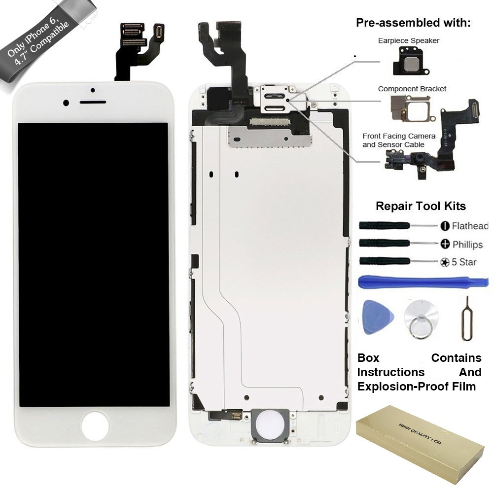 4.7 inch High Definition LCD Screen Display Touch Digitizer Frame Assembly for iPhone 6 and Replacement Repair with Tools & Glass Screen Protector，New repair and new protection. (White)