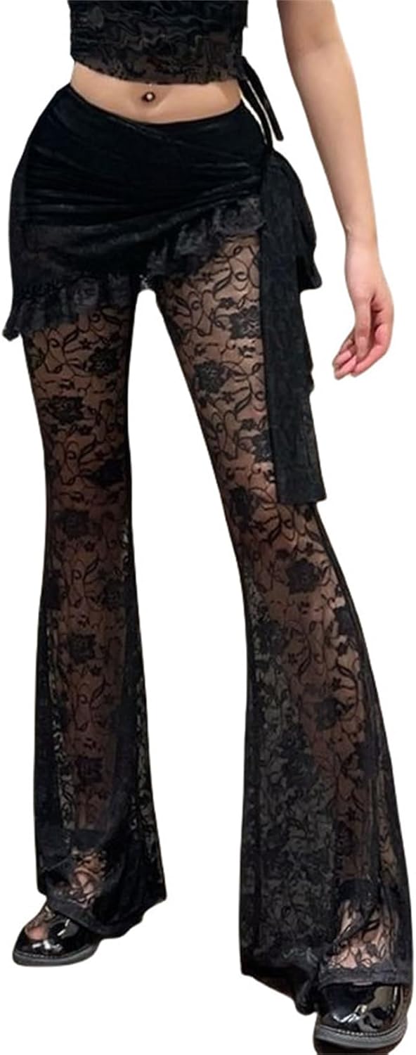 Y2k Lace Bell Bottom Pants for Woman Ruffle Sheer Mesh Flared Cute Funky Scene Romantic Goth High Waisted