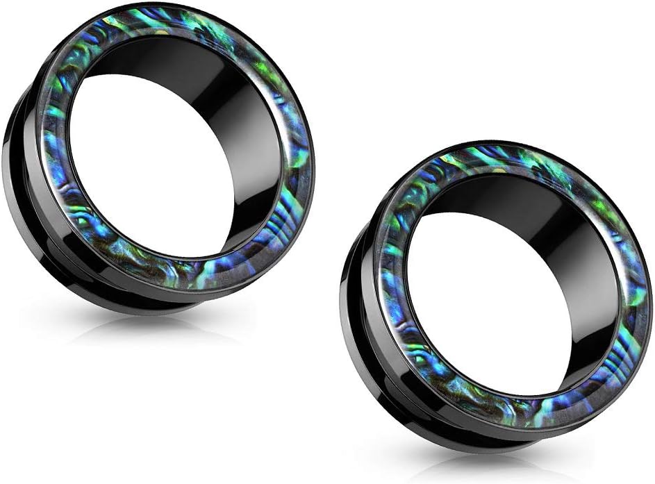 Pierced Owl - Black PVD Stainless Steel Abalone Rimmed Screw Fit Tunnel Plug Gauges, Sold as a Pair