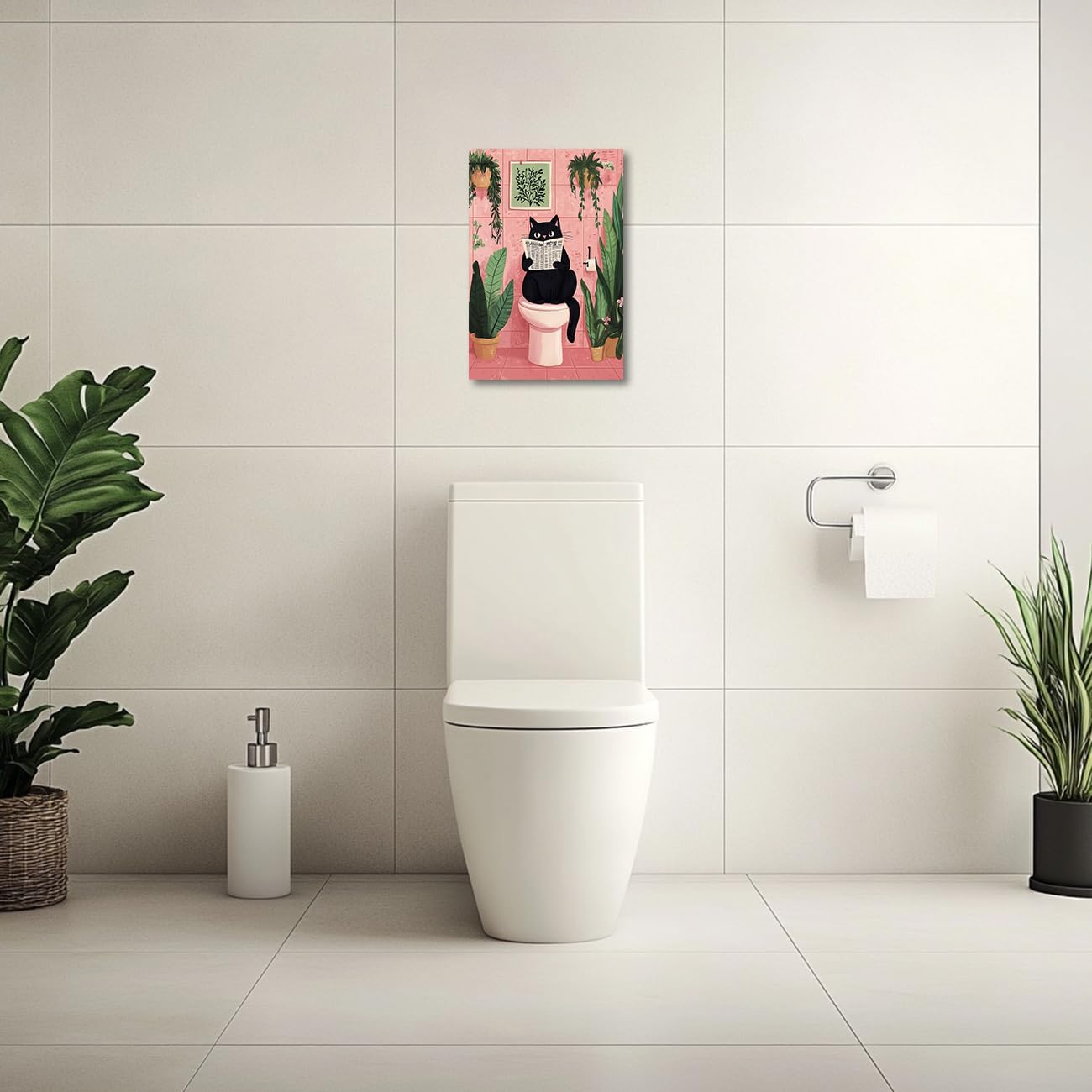 AWPANERAR 黒猫 バスルーム ウォールアート おもしろい 動物 読書 新聞 トイレの絵 かわいい 黒猫 プリント 植物 動物