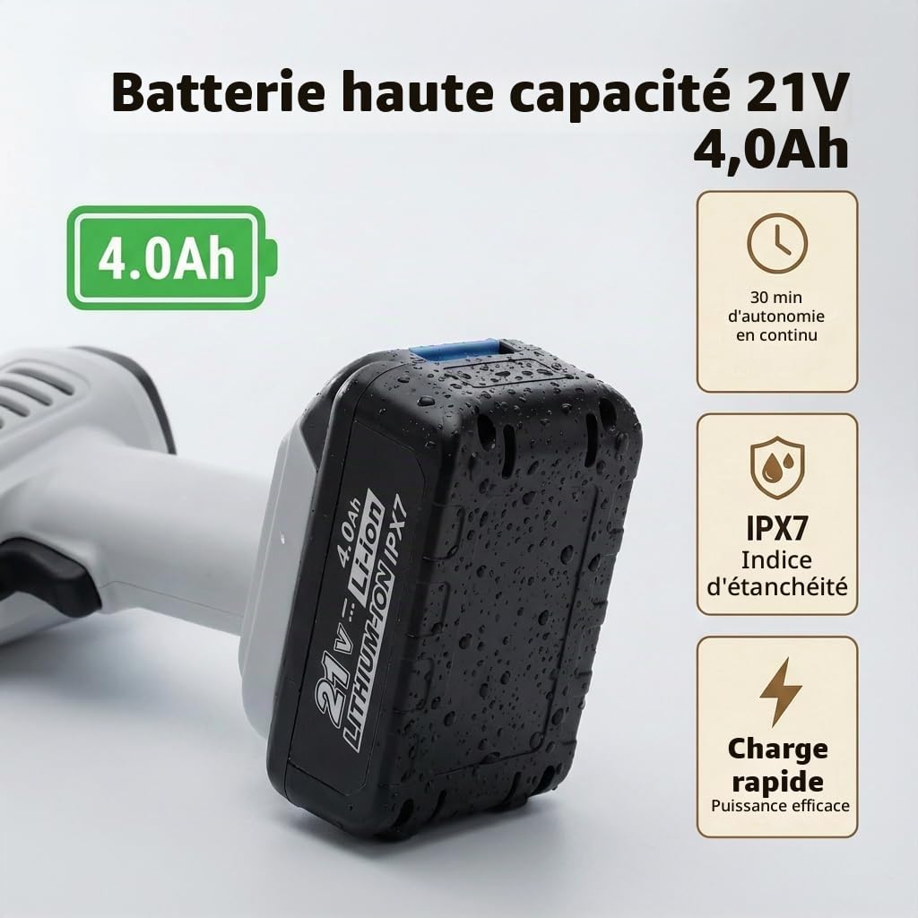 Nettoyeur Haute Pression sans Fil : 725PSI avec Batterie 21V 4.0Ah et Cannon à Mousse - Buse de Nettoyage Haute Pression pour Voiture/Terrasses et Jardins