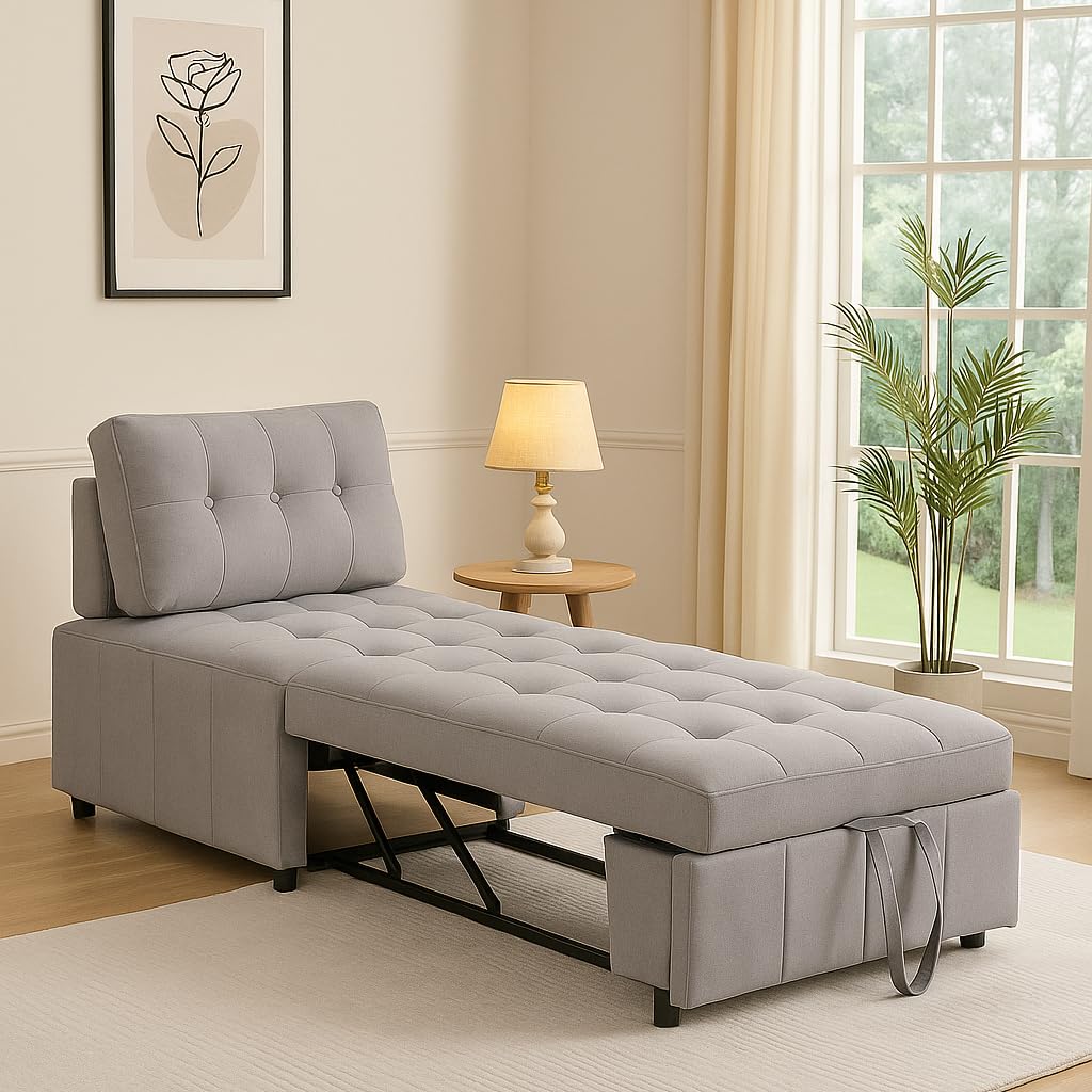 Brigros - Poltrona Letto Singolo In Tessuto Con Schienale Traslante, Poltrona Relax Allungabile A Letto A Scomparsa Singolo Salvaspazio, Pouf Per Camera O Salotto (Grigio Chiaro)