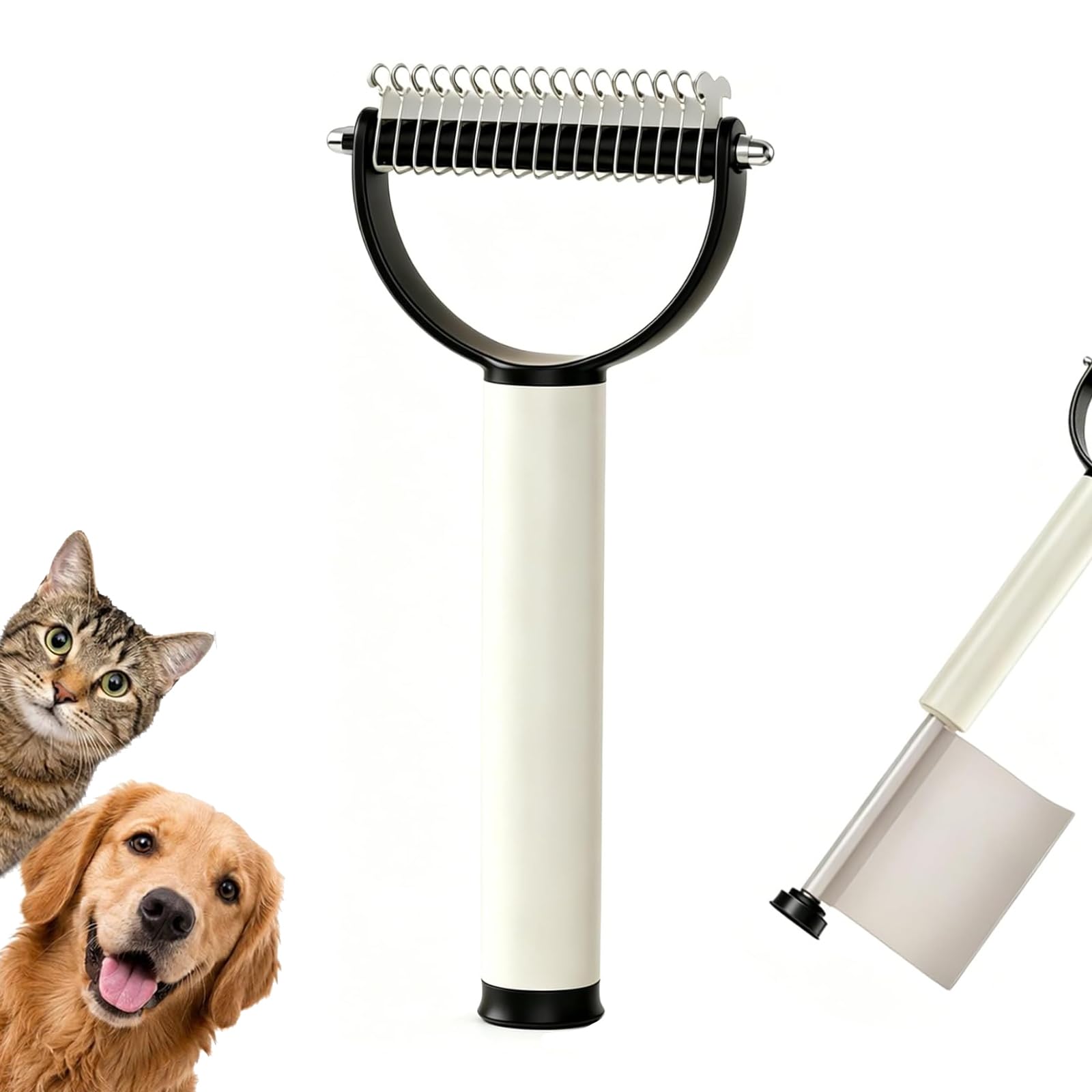 Sotiers 2-in-1 Pet Dematting Comb with Lint Roller, Double-Sided Deshedding Brush for Dogs & Cats, Pain-Free Stainless Steel Rake for Matted Fur & Loose Hair, Self-Cleaning Grooming Tool