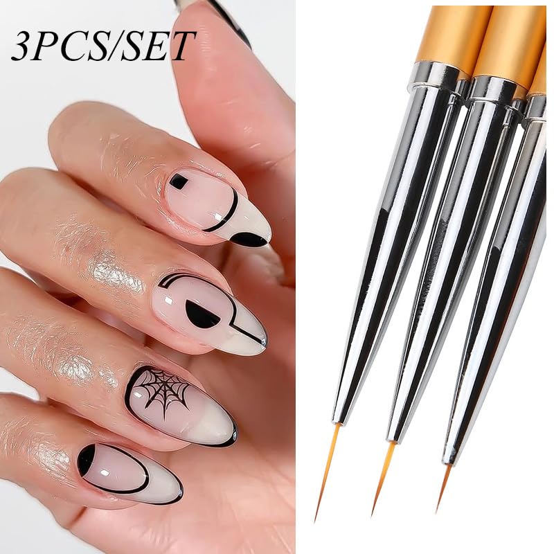 3 Pcs Metal Round Top Nail Art Gel Extension Builder Painting Liner Brushes Drawing Flower Petal Pen Kit — view 3