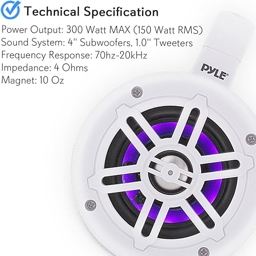 Miniatura 6 de Pyle Altavoces de torre de wakeboard marinos impermeables  Juego de altavoces de subwoofer dual de 4 pulgadas con luces LED y Bluetooth para