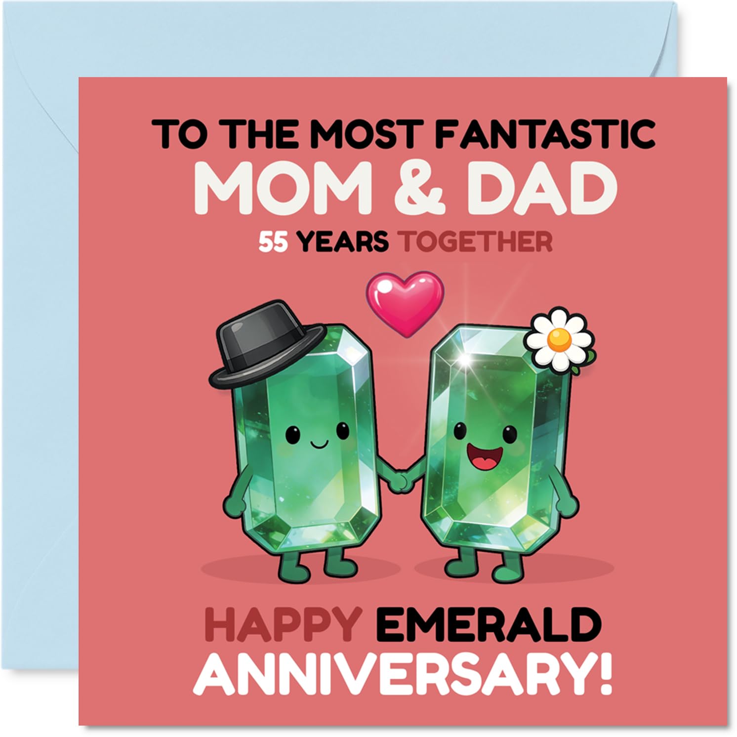 Playful 55th Anniversary Card for Mum & Dad - Celebrate 55 Sparkling Years - Cute Emerald Gemstone Duo Holding Hands - 145mm Square, Envelope Included