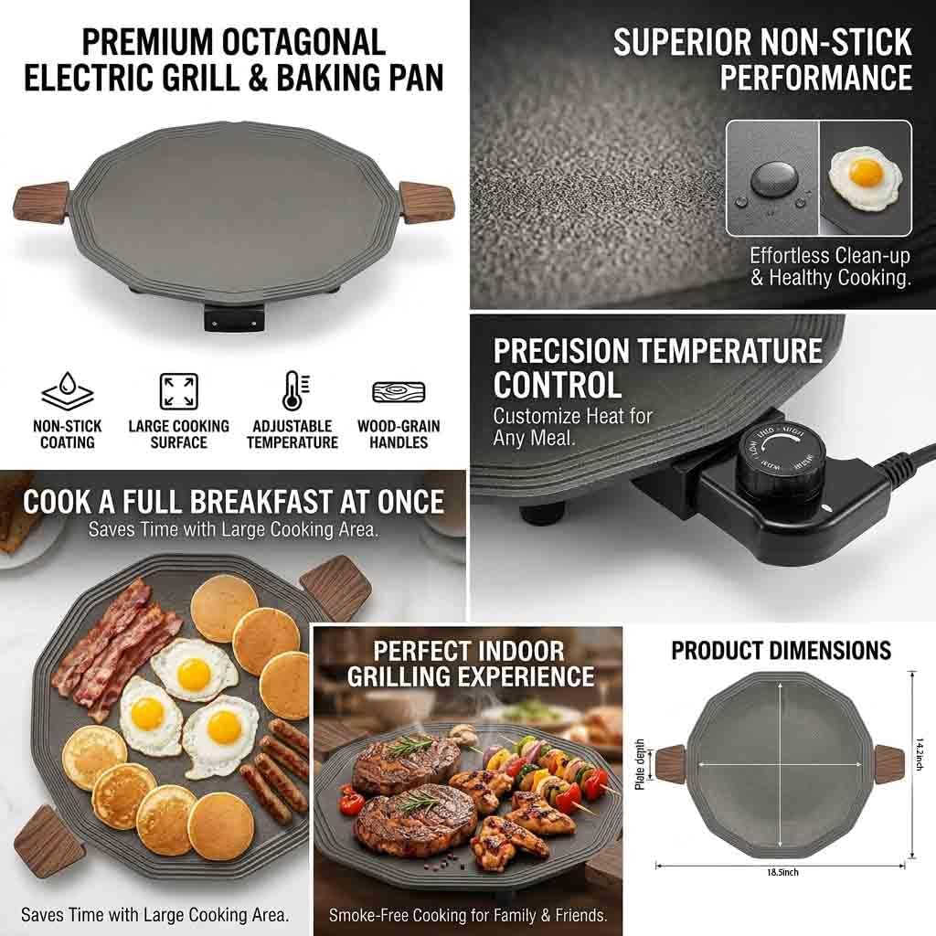 Premium Large Octagonal Non-Stick Electric Grill & Griddle – Multi-Function Cooking Surface with Precision Temperature Control