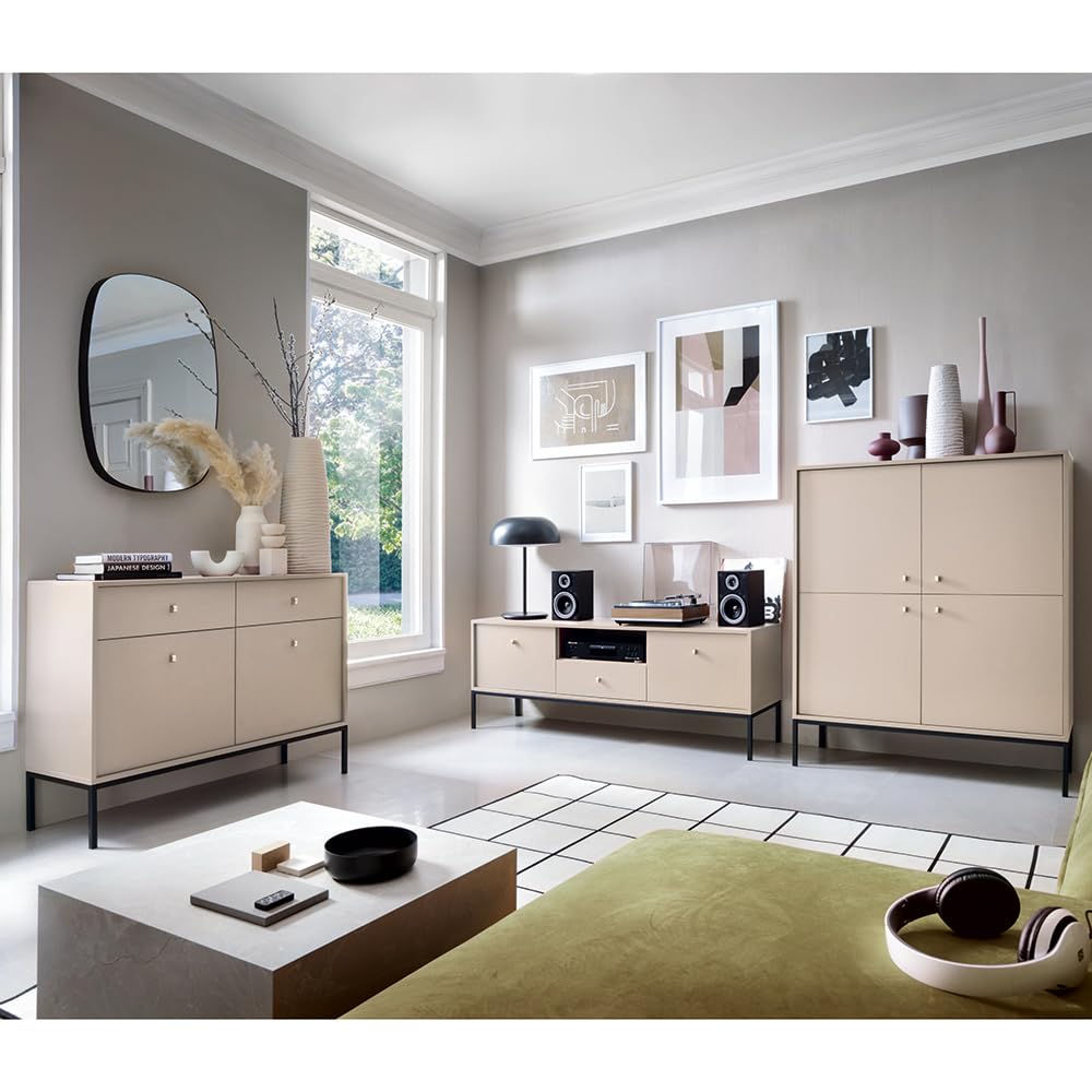 Lomadox Wohnzimmermöbel Wohnwand beige, Fußgestell schwarz, 3-teilig, 1 Kommode, 1 Lowboard, 1 Highboard
