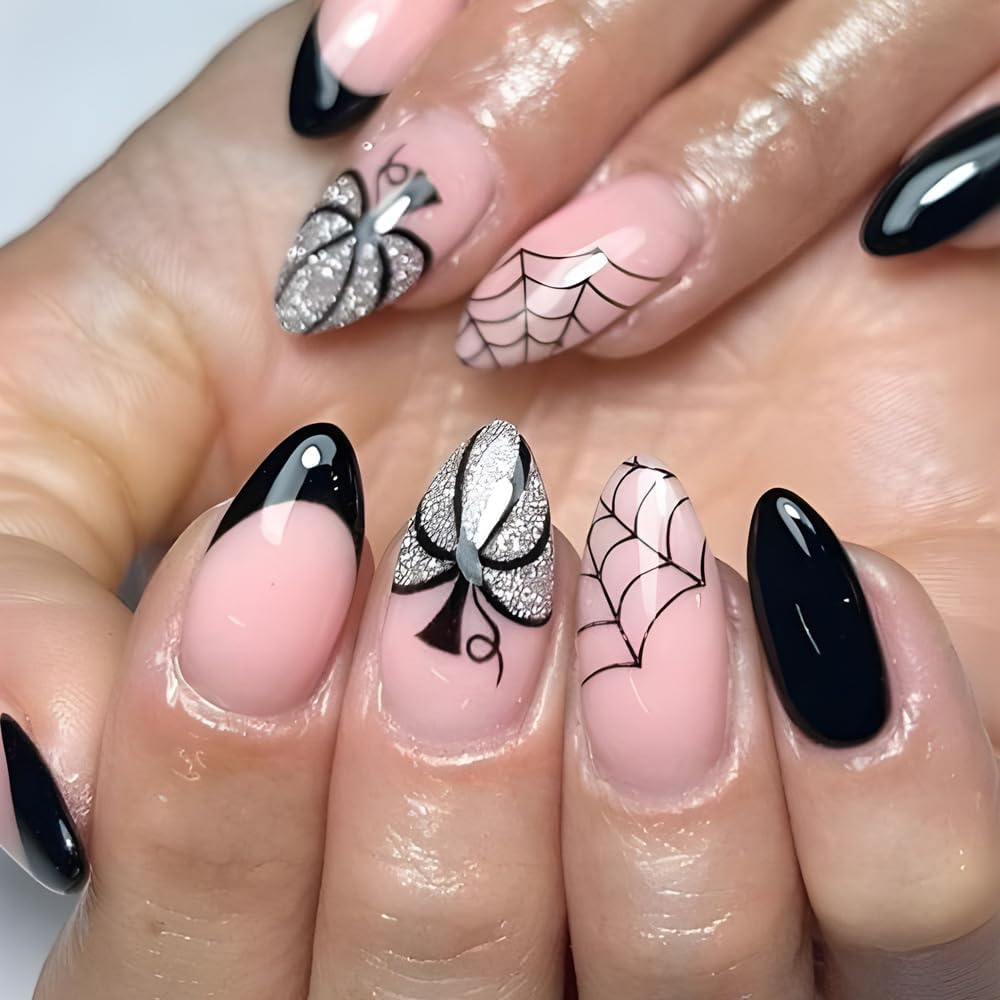 Halloween Press on Nails Medium Almond with Pumpkin Spider Web Designs Halloween Black Fake Nails Full Cover Acrylic Glossy Nails Glue on Nails for Women 24Pcs