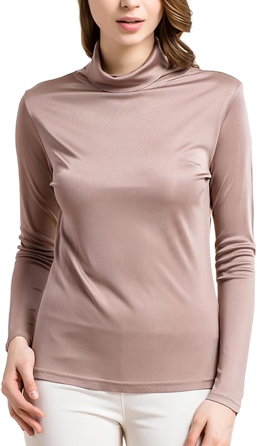 Silk Tops Turtleneck Long Sleeve Silk T Shirt Ultra Soft Th…