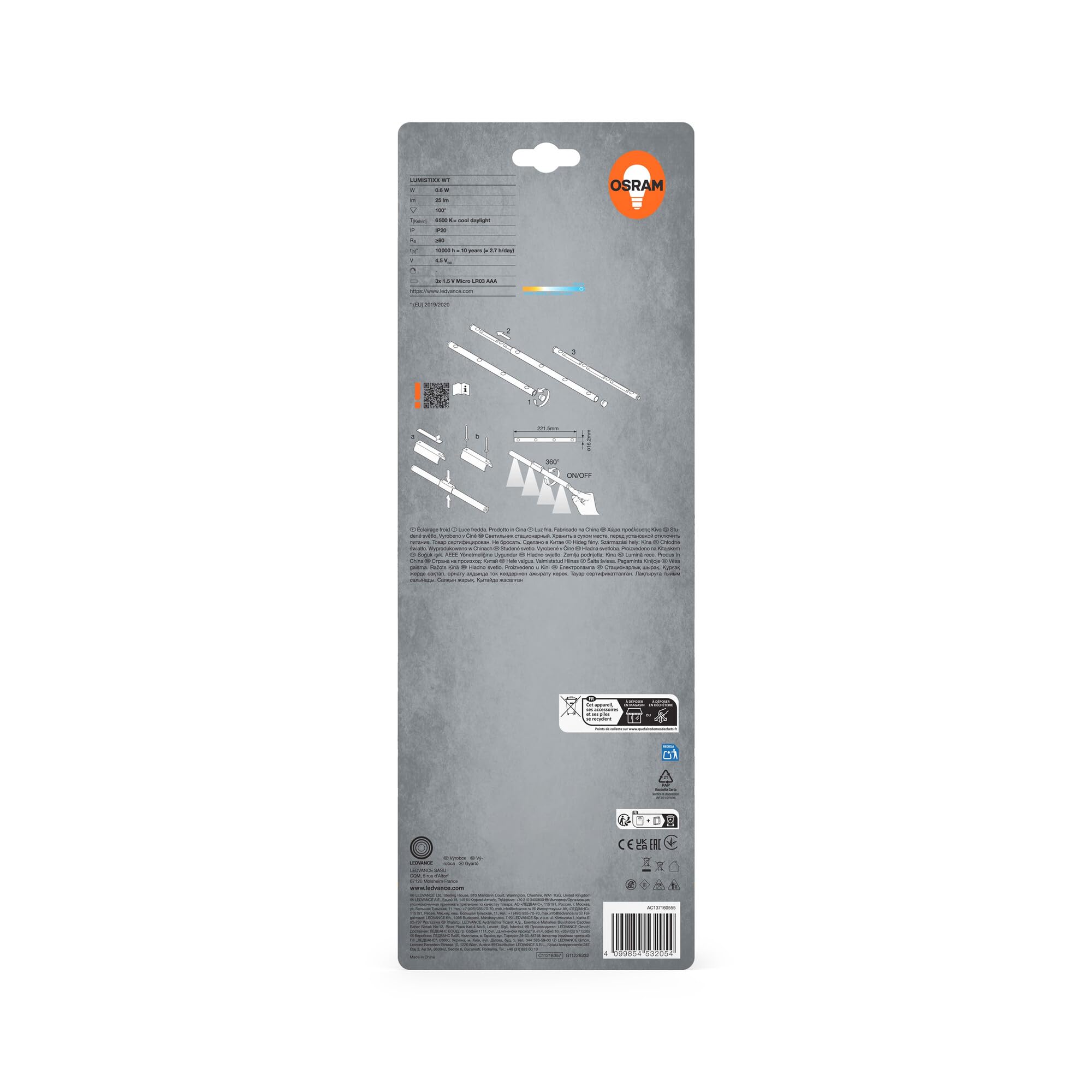 OSRAM LUMIstixx, luce LED, bianca, 100 lm, 4000K, a batteria, attacco magnetico, montaggio adesivo, compatta per uso interno