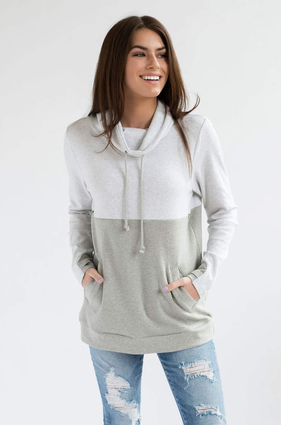 NURSING QUEEN Cowl Neck Colorblock Nursing Pullover Top - Gray/Light Gray