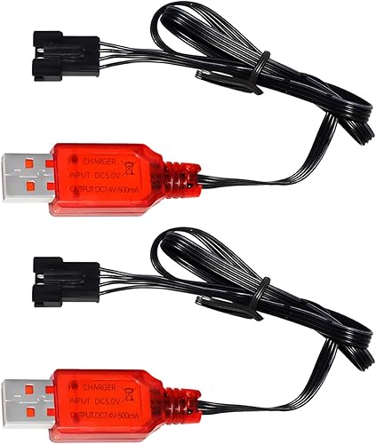 2PCS 7.4V 500mA 2S Battery USB Charging Cable with SM-4P Reverse Plug Connector for EC16 DE85 HM202 RC Toy Car,Off-Road Vehicle, M416 Electric Gel