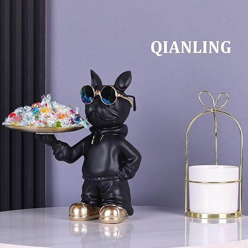 Miniatura 7 de Estatua de bulldog francés negro, cuenco para dulces y llavero, bandeja de almacenamiento de joyas, ideal para decoración moderna del hogar,