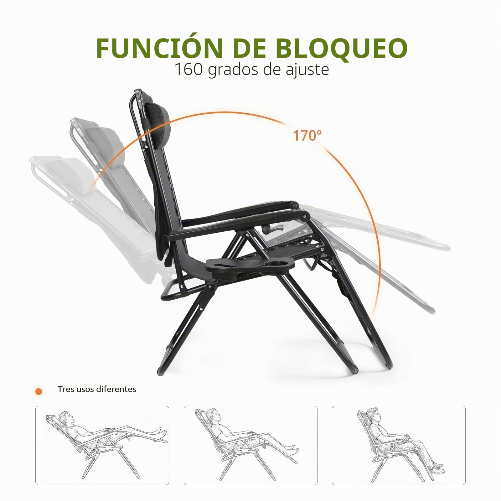VOWNER Pack de 2 Sillas de Gravedad Cero Plegables, Tumbona de Jardín con Parasol Ajustable y Posavasos, Sillón Relax para Balcón, Terraza, Camping, Playa