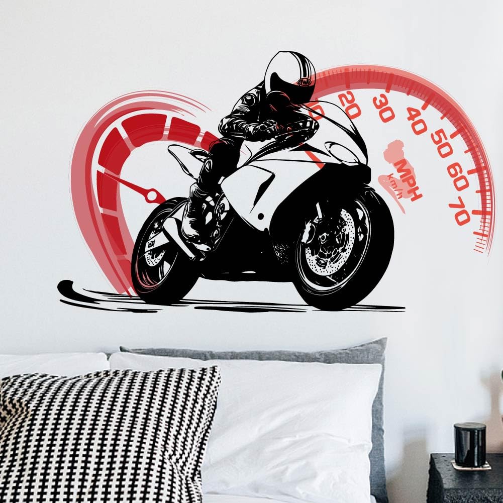 SUPERDANT Motorcycle Wall Stickers Motorbikes and Tachometer Wall Art Stickers Cool Motorbike Wall Decals Peel and Stick Vinyl Decor for Living Room Boy's Bedroom Playroom Home Wall Decor