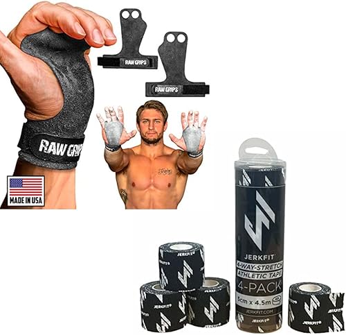 JerkFit RAW Grips - Agarres de mano de cuero de 2 dedos con cinta elástica en 4 direcciones
