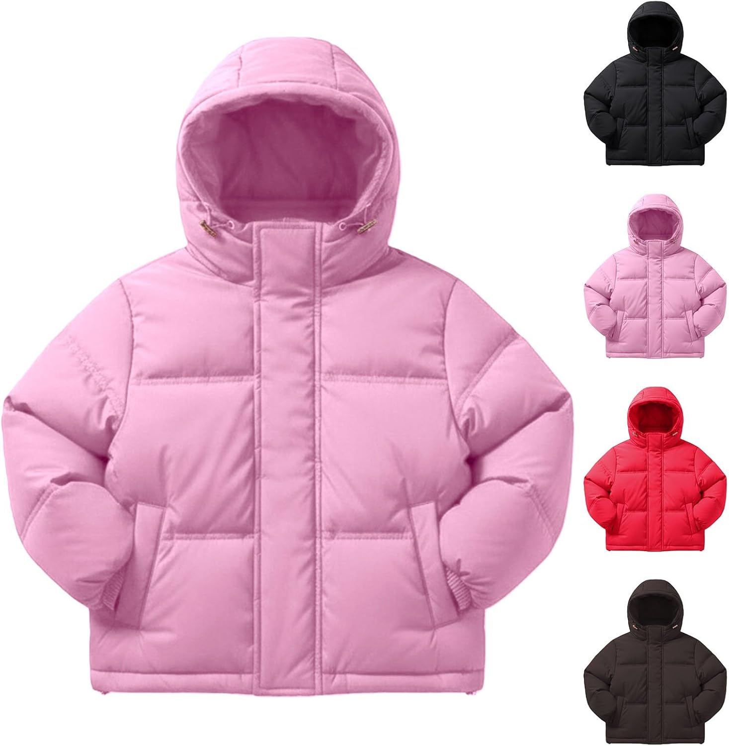 Unisex Kids Hooded Jacket Boys Girls Winter Warm Down Coat Zip up Puffer Jacket Wind Water Resistant Outerwear Quilted Parka 12-13 Years Pink - Image 1 of 6