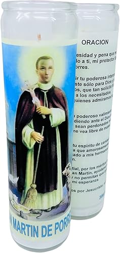 Miniatura 4 de Veladora de rezo, San Martín de Porres, blanca sin esencia, oración universal al reverso en español, vaso grande de 14 oz