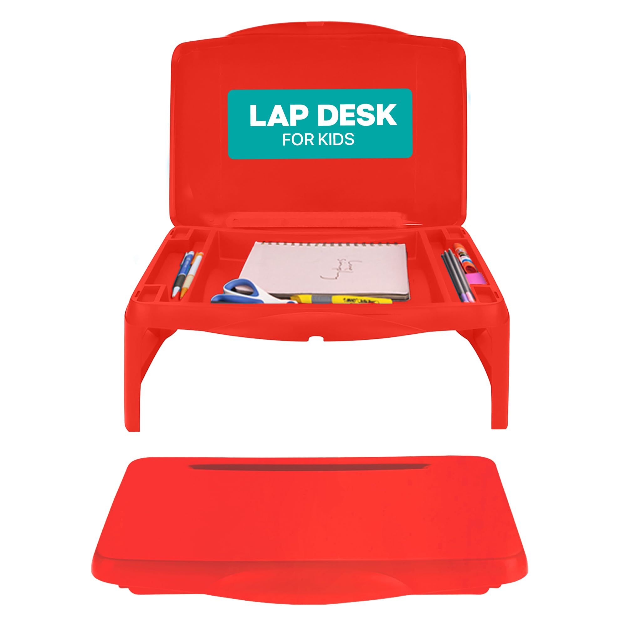 mavocraft foldable kids lap tray with storage - portable lap desk kids & adults - kids lap desk for breakfast in bed, serving tray, car desk & gaming (red)
