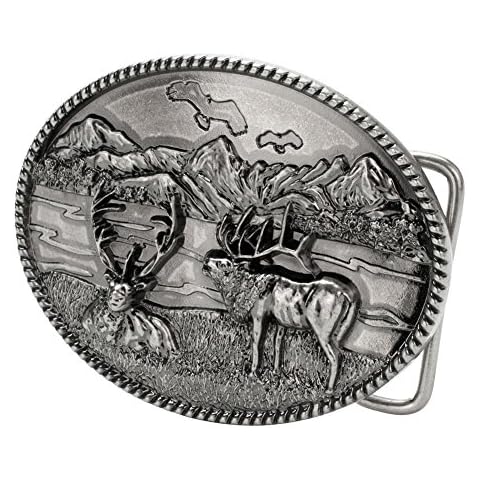 Buckle Rage Men's Mountain Elk Hunting Wilderness Oval Belt Buckle Silver Cover