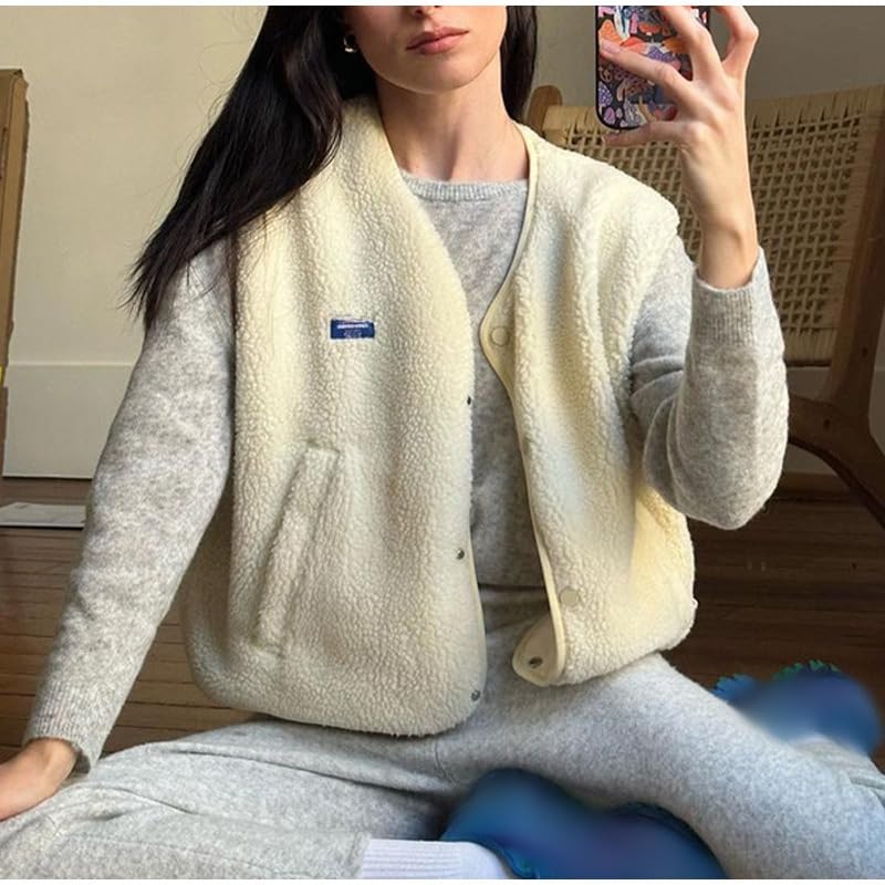 Women Fleece Vest Y2K Kawaii Sleeveless Cropped Cardigan Coquette Fall Clothes Preppy Open Front Button Down Vest Coat4