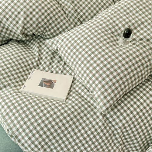 Image of LifeTB Green Gingham Comforter Set California King Modern Style Green Plaid Grid Comforter with 2 Pillowcases Soft Fluffy Checkered Pattern Comforter Farmhouse Gingham Bedding Set Breathable