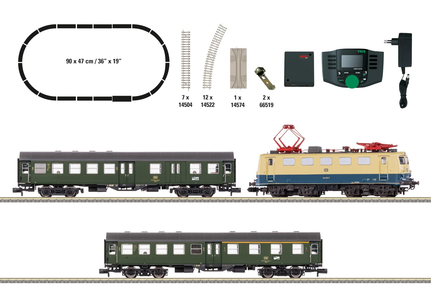 Minitrix Kit di avviamento digitale per treno passeggeri – Modellino treno con locomotiva, carrello, binari e controllo digitale – modello di treno realistico – dai 15 anni – Traccia H0-11132